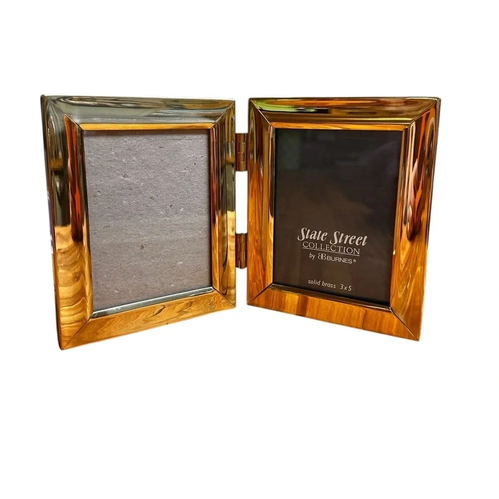 State St. Solid Brass Lacquer Coated Polished Double Photo Hinged Frame 3x5